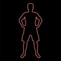 Neon man holding hands on belt confidence concept silhouette serious master of the situation front view icon red color vector