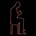 Neon man holding mug and looking at the contents inside while sitting on stool Concept of calm and home comfort red color vector