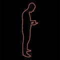 Neon man holding smartphone phone Playing tablet Male using communication tool Idea looking phone addiction Concept dependency