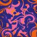 Neon marbling seamless vector pattern background. Psychedelic indigo, orange, pink backdrop with swirling shapes and Royalty Free Stock Photo