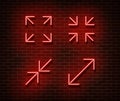 Neon maximize, minimize screen signs vector isolated on brick wall. Video player light symbol, decor