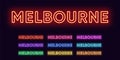 Neon Melbourne name, city in Australia. Neon text of Melbourne city