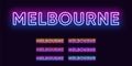 Neon Melbourne name, city in Australia. Neon text of Melbourne city