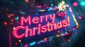 Neon Merry Christmas Sign Surrounded by Festive Lights and Decorations Royalty Free Stock Photo