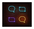 Neon message, chat, quote signs vector isolated on brick wall. Texting light symbol, decoration effe