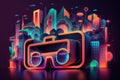 Neon Metropolis virtual reality headset displaying abstract geometric shapes in a futuristic, neon city