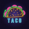 Neon mexican taco retro badge design. Design for cafe, restaurant. Vector. Neon design for pub or fast food business