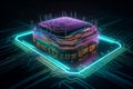 Neon Microchip & Cloud: Futuristic Integration in High-Tech Cartoo