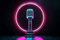 Neon microphone and glowing border frame. Template for karaoke, live music, stand up, comedy show Royalty Free Stock Photo