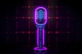 Neon microphone and glowing border frame. Template for karaoke, live music, stand up, comedy show Royalty Free Stock Photo