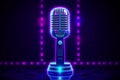 Neon microphone and glowing border frame. Template for karaoke, live music, stand up, comedy show Royalty Free Stock Photo