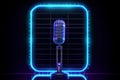 Neon microphone and glowing border frame. Template for karaoke, live music, stand up, comedy show Royalty Free Stock Photo