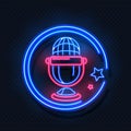 Neon microphone. Realistic light frame and voice recorder symbol with stars. Radio or audio studio. Fluorescent sign for