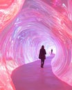 Neon Mirage Dimensions, a lone figure walking through a tunnel of shifting colors and patterns, optical illusion effects,