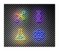 Neon molecule, chemistry flask, dna, atom signs vector isolated on on transparent background. Chemis
