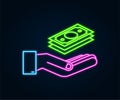 Neon money hand for concept design. Hand holding green money banknotes. Flat design. Royalty Free Stock Photo