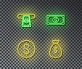 Neon money signs vector isolated on brick wall. Coin, cash, dollar, money bag light symbol, decorati