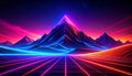 Neon mountain range, grid road, vibrant colors, starry night Royalty Free Stock Photo