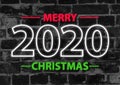 2020 in neon multi colour, parallel lines pattern on black brick background Royalty Free Stock Photo