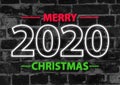 2020 in neon multi colour, parallel lines pattern on black brick background