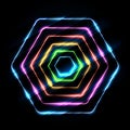 Neon multicolor hexagon on black background. Glowing honeycomb geometric shapes with shining effects.