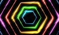 Neon multicolor hexagon on black background. Glowing honeycomb geometric shapes with shining effects.