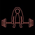 Neon muscular man weightlifter doing raising the barbell sportsman raising weights silhouette icon red color vector illustration