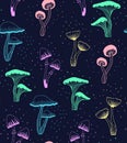 Neon mushrooms handrawn pattern vector Royalty Free Stock Photo