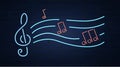 Neon music background vector illustration with sheet music and treble clef Royalty Free Stock Photo