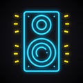 Neon music column sign. Glowing audio speakers icon.