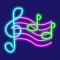neon music notes. Night bright neon sign, colorful billboard, light banner. Vector illustration in neon style Royalty Free Stock Photo