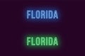 Neon name of Florida state in USA. Vector text