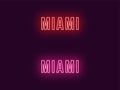 Neon name of Miami city in USA. Vector text