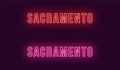 Neon name of Sacramento city in USA. Vector text