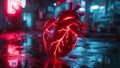 Neon natural heart in cyberpunk style. Red-pink illuminated human heart.