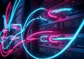 Neon Network: High-Speed Data Flow in Server Racks Royalty Free Stock Photo