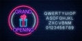 Neon new store grand opening gift sign in circle shapes with alphabet. Round the clock working night club signboard Royalty Free Stock Photo