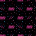 Neon 2022 New Year and firework seamless pattern with pink and blue icons on black background. Happy winter holidays