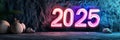Neon 2025 New Years Eve Glowing neon numbers 2025 against a dark stone wall symbolizing new beginnings hope future progres Royalty Free Stock Photo