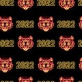 Neon 2022 New Year seamless pattern with tiger faces and numbers on black background on black background. Happy winter