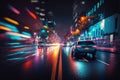 neon night city crossing with speeding cars, blurry and abstract background