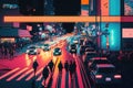 neon night city crossing with view of busy intersection, with cars and people in motion Royalty Free Stock Photo