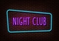 Neon night club sign vector. Light banner isolated on brick wall. Neon text light template for night Royalty Free Stock Photo