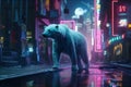 Cinematic Cyberpunk: Realistic 3D Polar Bear in Neon Urban Rococo with Super Detail