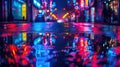 Neon Nightscape: Colorful Abstract City Reflections with Blurred Bokeh Lights on Dark Street for Night View Royalty Free Stock Photo
