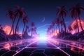 Neon nostalgia 3D wireframe road, palm trees in a synthwave landscape