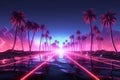 Neon nostalgia 3D wireframe road, palm trees in a synthwave landscape