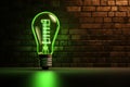 Neon nostalgia green lamp with a light bulb symbol, brick wall