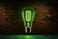 Neon nostalgia green lamp with a light bulb symbol, brick wall