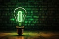 Neon nostalgia green lamp with a light bulb symbol, brick wall